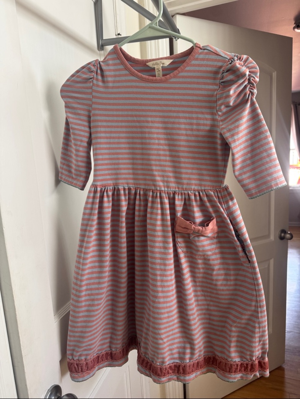 Matilda Jane Pink and Light Blue Striped Puff-Sleeve Dress with Pocket Bow